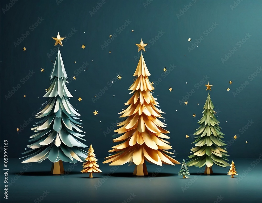 Obraz premium Christmas background with golden christmas trees and snowflakes. 3d rendering