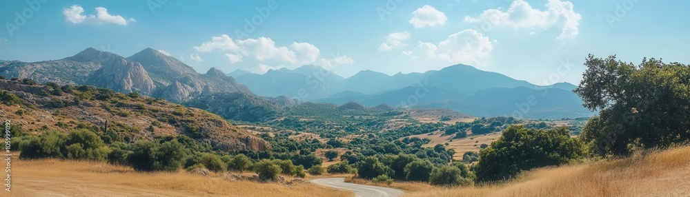 Fototapeta premium A panoramic view of rolling hills and mountains under a clear blue sky, showcasing lush greenery and dry grasslands.
