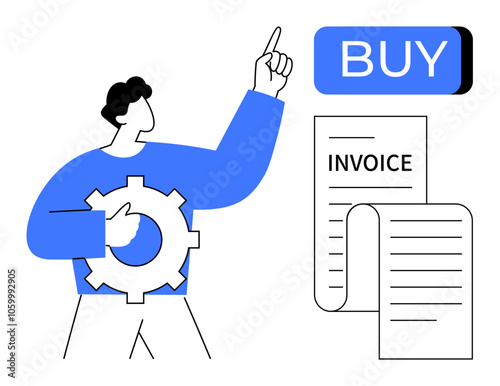 Man pointing towards large BUY button, holding gear element, invoice nearby. Ideal for e-commerce, financial transactions, payment processing, online shopping, business decisions, accounting, digital