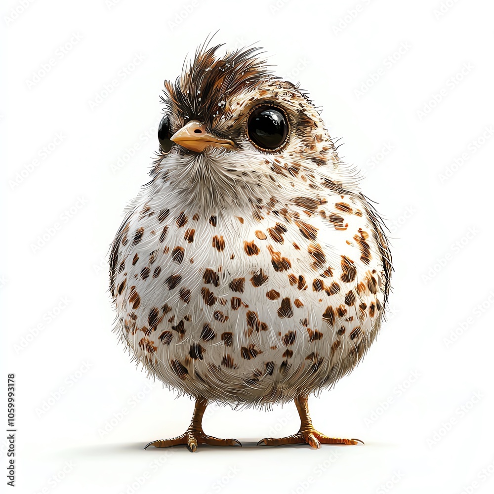 Obraz premium Cute bird with speckled feathers, standing against a white background.