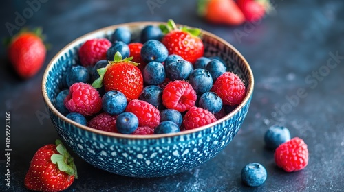 A vibrant showcase of fresh berries strawberries raspberries and blueberries in a decorative bowl photo