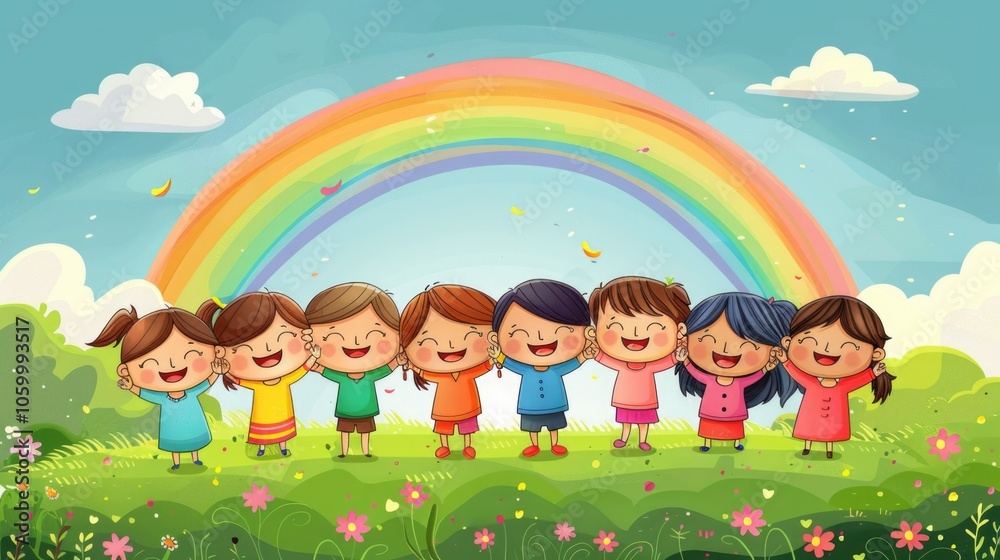 Obraz premium Happy children standing under rainbow in meadow