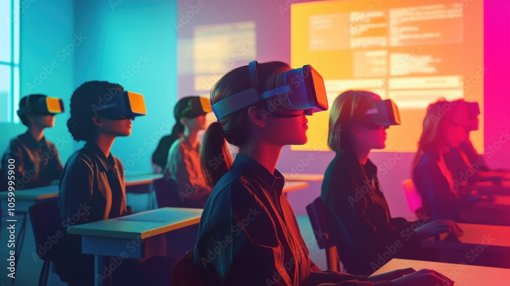 Obraz premium VR in education: Students learning in a fully immersive virtual classroom
