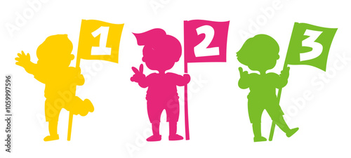 1位から3位の順位フラッグを持っている子供達のシルエット