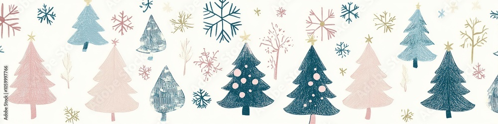 Fototapeta premium Winter pattern with various stylized trees and snowflakes.