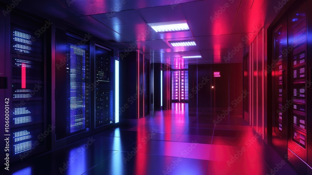 Fototapeta premium Exploring the futuristic aesthetics of a neon-lit data center a glimpse into advanced technology environments