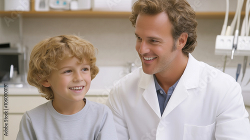 A dentist in a white coat explaining orthodontic treatment to a young patient, with a dental table and tools in the background.