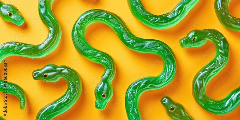 Fototapeta premium Green gummy snake candy on orange background