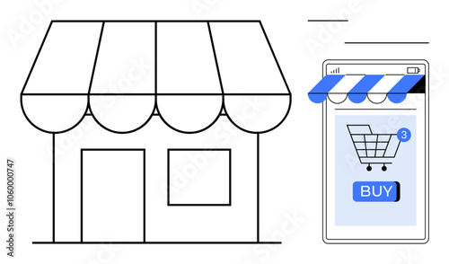 Depicts a traditional storefront next to a mobile phone screen showing an online shopping cart and buy button. Ideal for e-commerce, retail, digital marketing, mobile shopping, and business growth