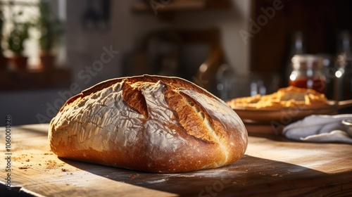 Freshly baked loaf of bread on wooden cutting board