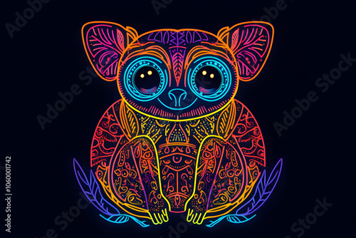 An intricate neon outline of a tarsier with detailed patterns and designs contrasted against a black background --ar 3:2 --s 50 photo