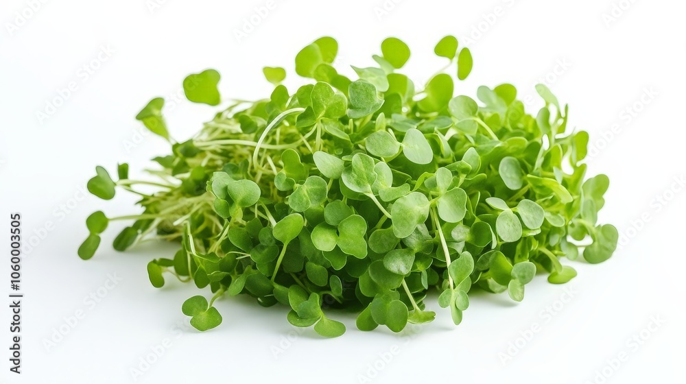 Obraz premium A bunch of freshly cut microgreens, with small, delicate leaves ready for salads or sandwiches, isolated on a white background