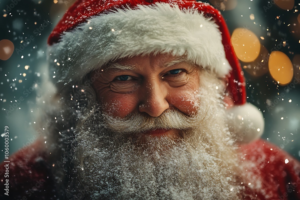 Close-Up Portrait of Santa Claus with Snow Falling on His Beard, Christmas Illustration Close-Up Portrait of Santa Claus with Snow Falling on His Beard, Christmas Illustration