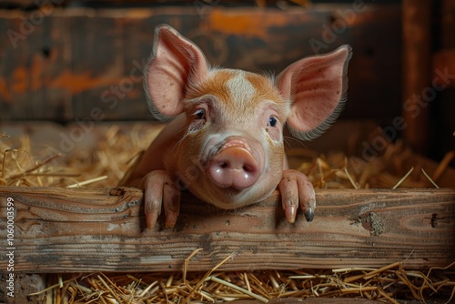 Adorable Piglet Resting in Barn with Straw Bedding, CloseUp of Cute Farm Animal photo