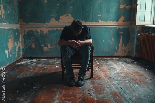 Lonely Man Sitting in Abandoned Room with Peeling Paint and Wooden Floor photo