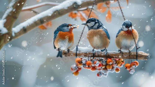 Winter Birds Feeding on Berries in Snowy Landscape photo