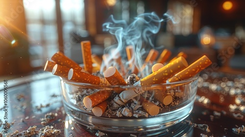 Cigarettes in an ashtray with smoke