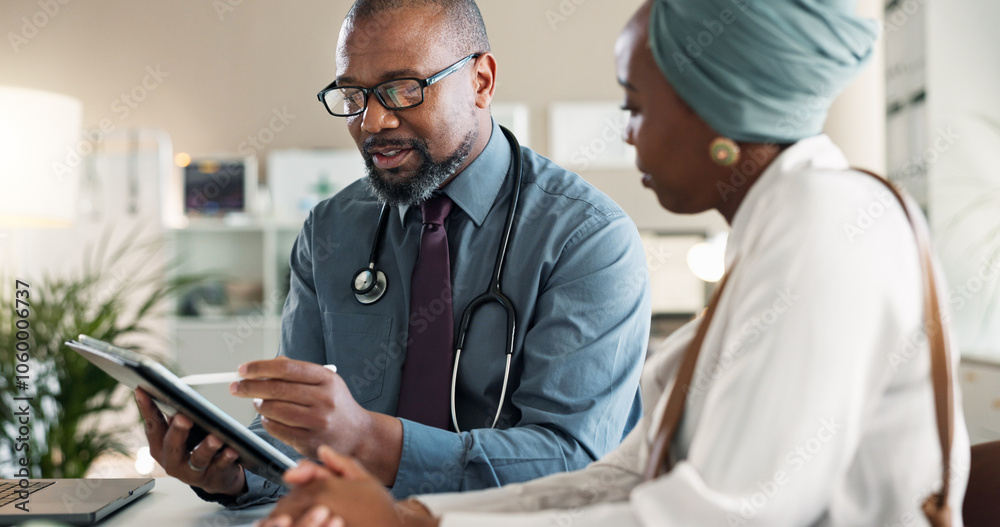 Fototapeta premium Tablet, conversation and black woman with doctor in hospital for medical diagnosis or wellness advice. Discussion, digital technology and female patient with healthcare worker for checkup in clinic.