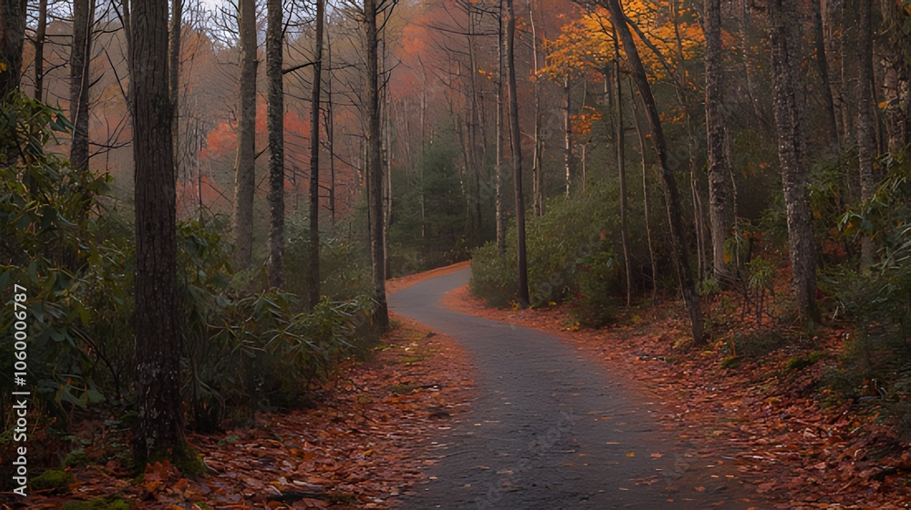 Fototapeta premium Winding road through a misty autumn forest with colorful leaves.