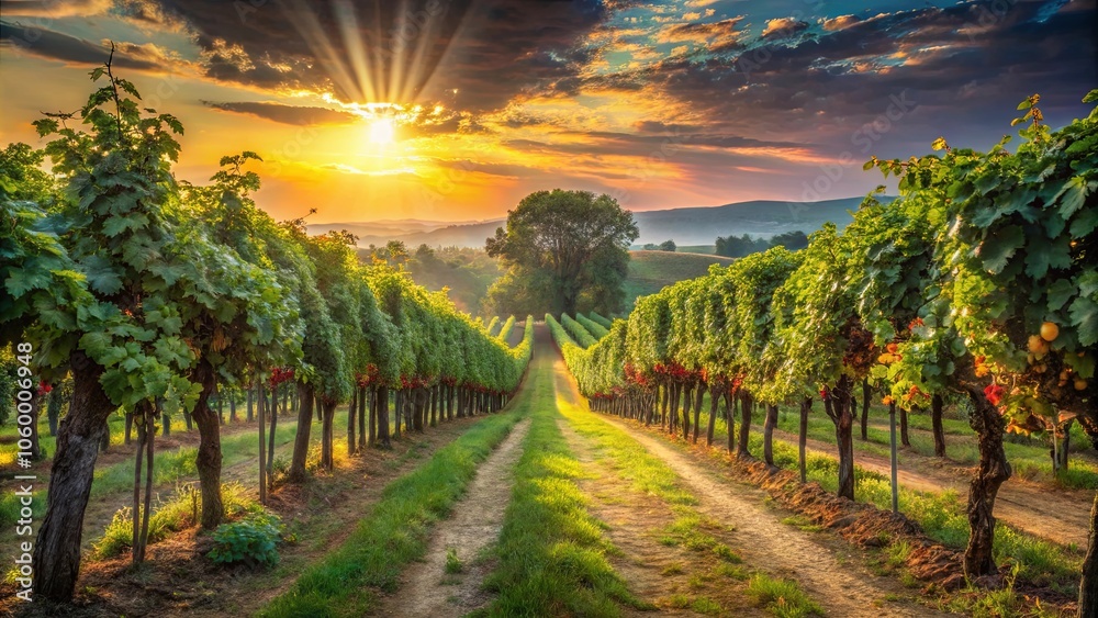 Fototapeta premium Sun-drenched Vines Leading Towards a Distant Horizon, Golden Hour Illuminating the Path Through Lush Greenery