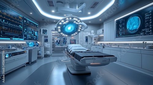 A modern operating room with a surgical table in the center, surrounded by medical equipment and monitors displaying vital signs and medical imaging.