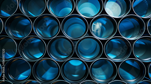 Stacked empty blue metal barrels viewed from top-down perspective