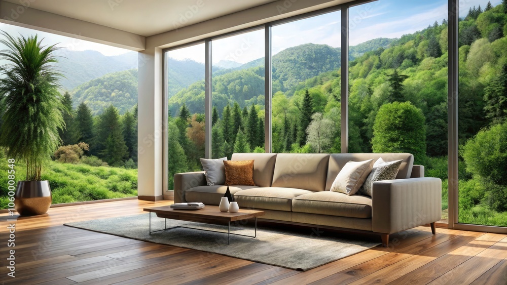 Modern Living Room Interior Design with Cozy Sofa on Wooden Floor and Expansive Window Showcasing Nature Views