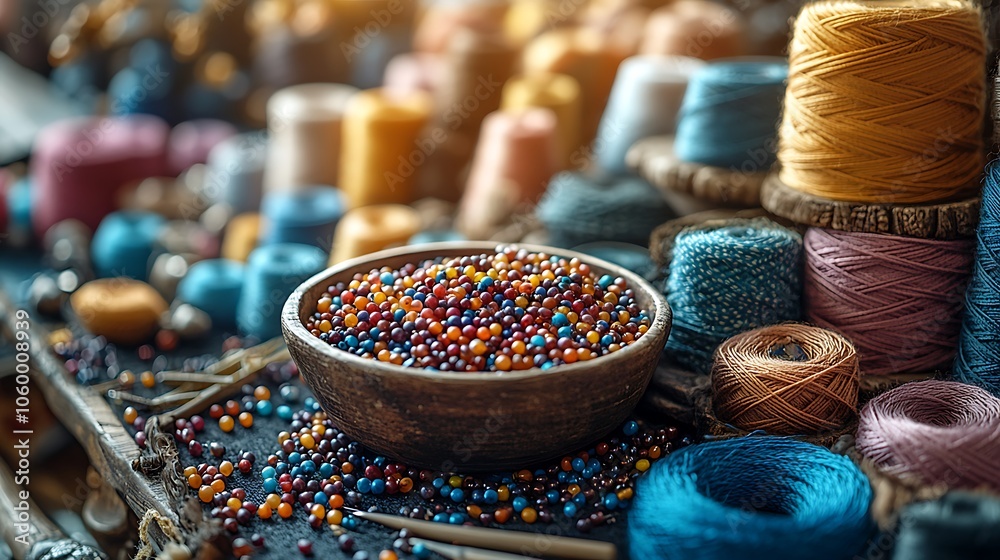 A wooden bowl filled with colorful beads sits on a table surrounded by spools of thread. A wooden bowl filled with colorful beads sits on a table surrounded by spools of thread.