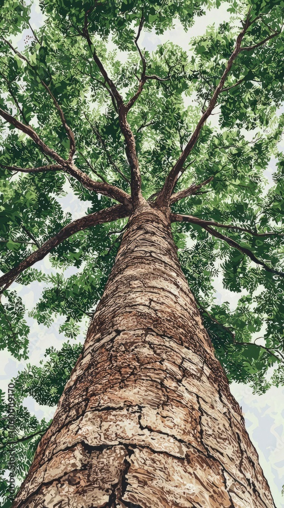 Fototapeta premium Capturing the Majestic Perspective of a Towering Tree Beneath the Lush Green Canopy Above