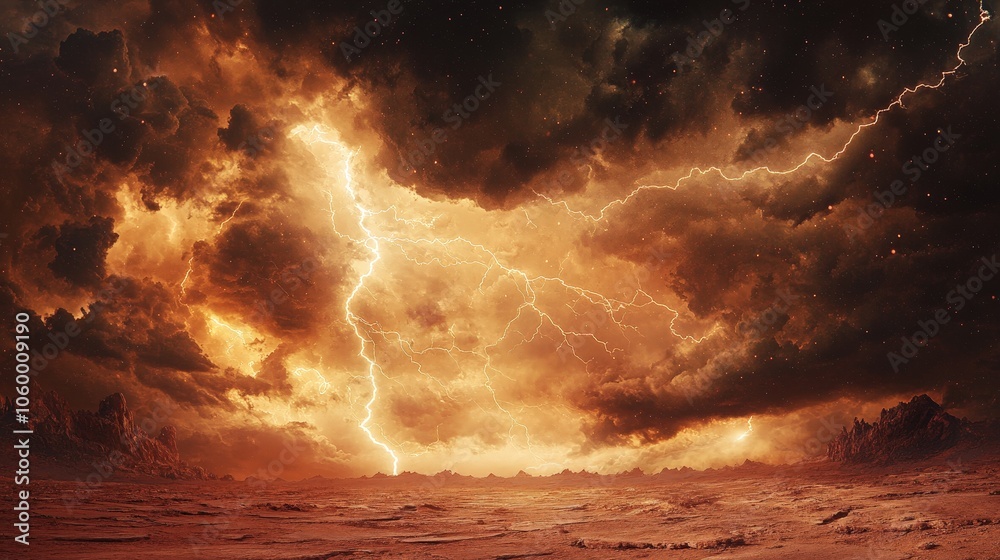 Obraz premium A desert landscape during a lightning storm, with bolts striking the horizon and clouds swirling above.