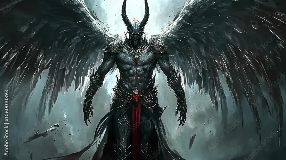 A demonic figure stands with large black wings spread out behind them ...