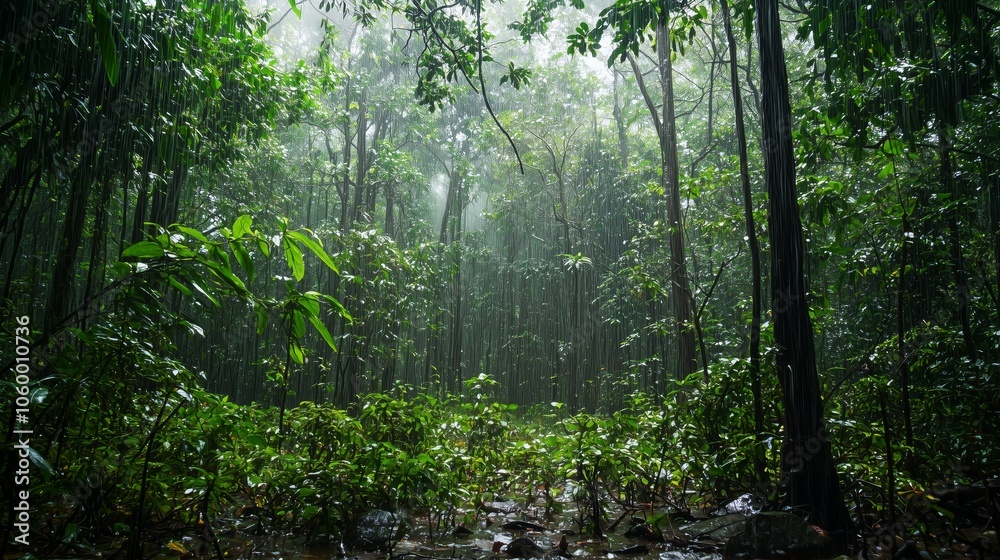 Obraz premium Lush green rainforest teeming with life during a gentle rainfall in the heart of a tropical region at midday