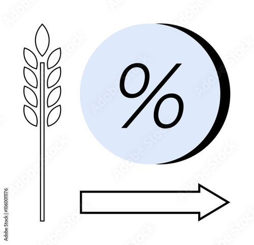 Farming yield percentage symbol inside a circle, a wheat stalk, and a directional arrow. Ideal for agriculture, farming, crop yield, agricultural economics, growth, food production, and market