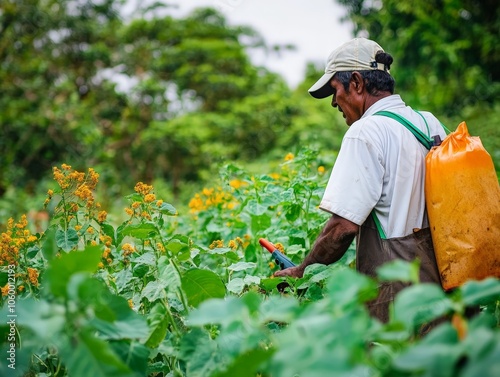 A farmer showing how to apply natural pest repellents, using neem oil and other organic solutions to protect crops. photo