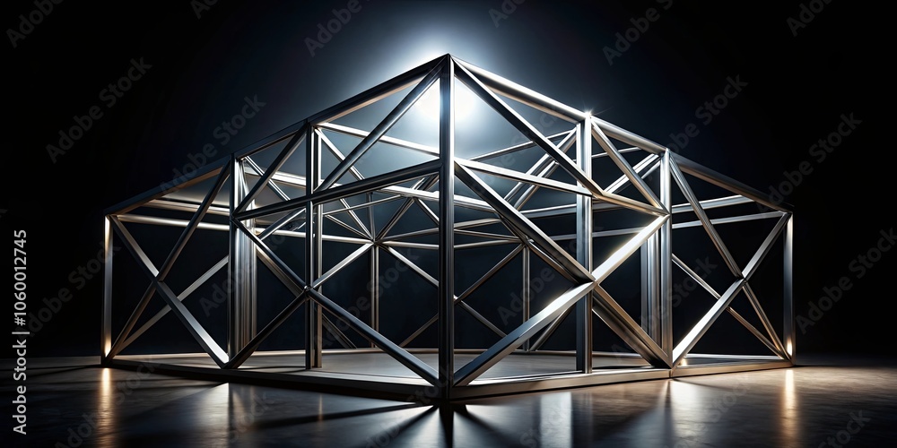 A metallic framework, illuminated by a single spotlight, casting long shadows on the dark floor, creates a geometrically intriguing composition. A metallic framework, illuminated by a single spotlight, casting long shadows on the dark floor, creates a geometrically intriguing composition.