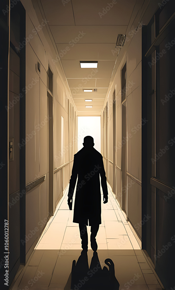 Fototapeta premium Illustration of a Shadowed Figure in a Long Hallway, Highlighting Isolation and Inner Turmoil