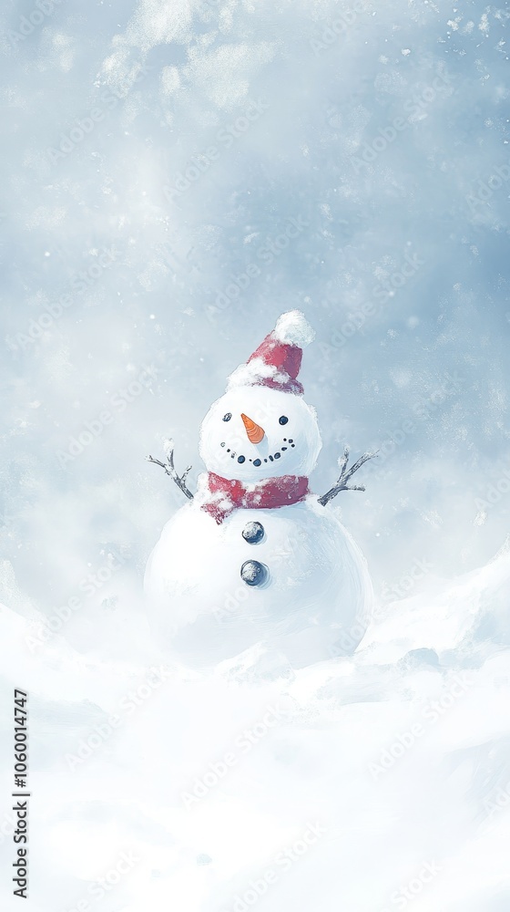 Fototapeta premium Create a charming winter background featuring a smiling snowman surrounded by soft, freshly fallen snow, with ample copy space for seasonal greetings or messages. no noise 