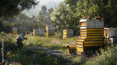 A large apiary set in a meadow, with beehives arranged neatly and a beekeeper harvesting honey from the frames.