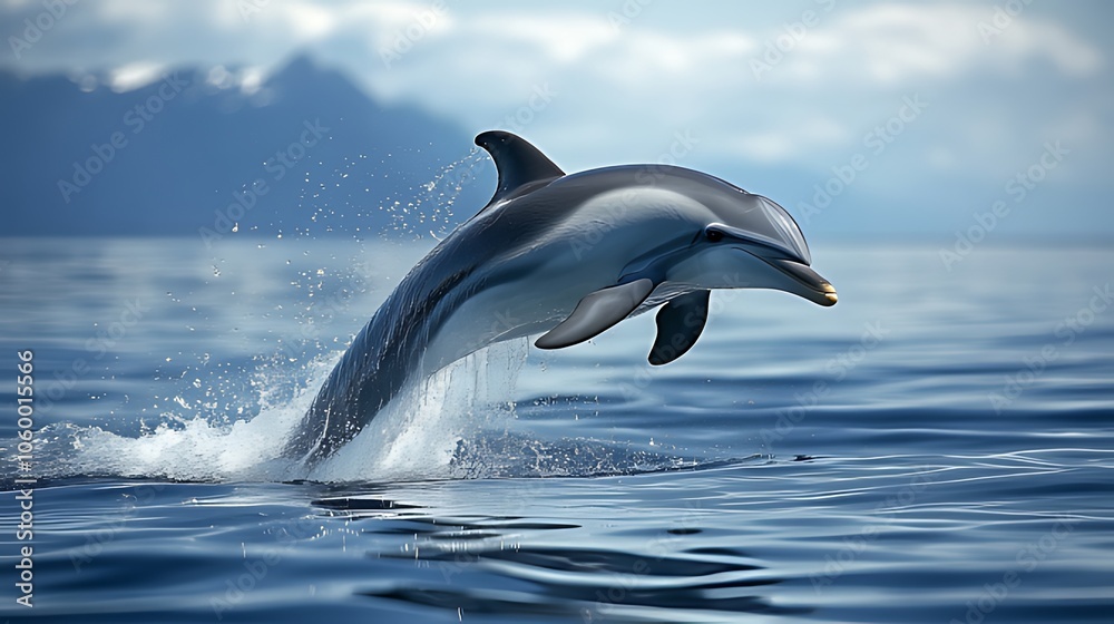 Obraz premium A dolphin leaps out of the water, its sleek body glistening in the sunlight.