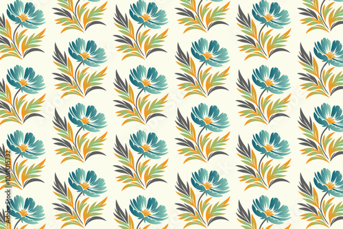 seamless floral pattern with a vibrant array of abstract botanical flowers and lush green leaves designed for fashion fabrics and digital print projects