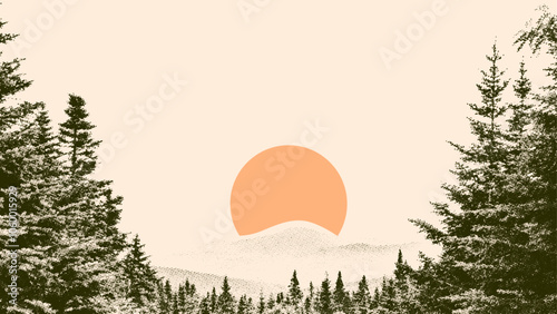 sunset in forest vector halftone background