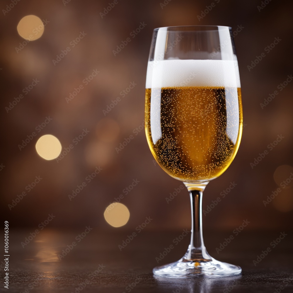 A glass of light beer with foam on a wooden table with blurry lights in the background. A glass of light beer with foam on a wooden table with blurry lights in the background.