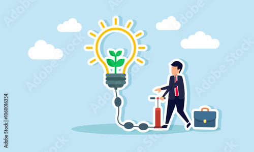 A businessman pumping a lamp with green plants, illustration of efforts to maintain a business focused on new and renewable energy sustainability