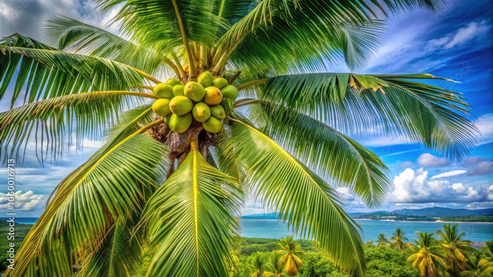 Fototapeta premium Tropical Paradise: Coconuts on Coconut Trees in Nicaragua - Lush Greenery, Exotic Fruits, Nature's Bounty, Island Vibes, Sunlit Landscape, Tropical Agriculture, Scenic Views