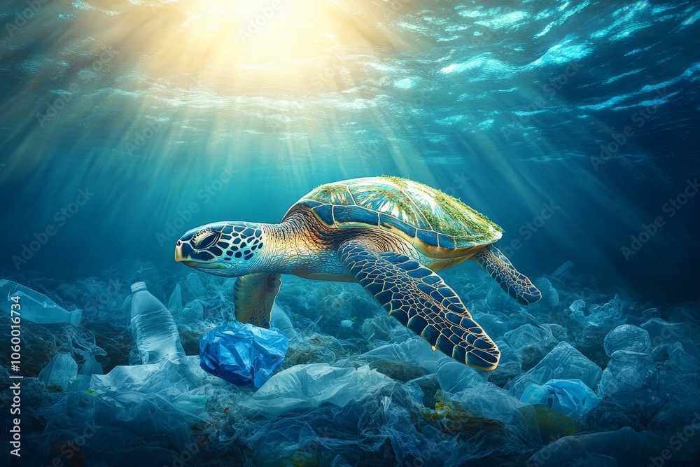 Obraz premium A marine conservation team working to reduce plastic pollution in the ocean to protect species like whales and sea turtles.