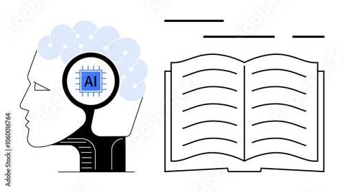 Brain with AI circuit and open book representing technology and learning. Ideal for education, AI, technology integration, e-learning, digital transformation, smart learning, innovation. Banner