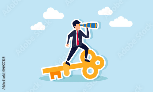 A businessman looking through a telescope from atop a key, illustrating finding solutions to business challenges