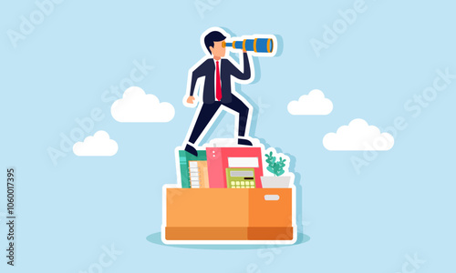 A businessman looking through a telescope from atop a pile of work tools, illustrating the search for new business jobs or projects