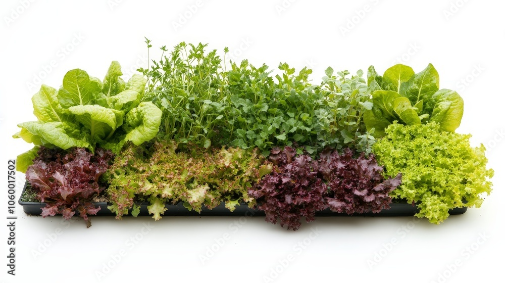 A mix of vegetables grown in a vertical farm, including crisp lettuce and fresh herbs, representing sustainable and local farming, isolated on a white background A mix of vegetables grown in a vertical farm, including crisp lettuce and fresh herbs, representing sustainable and local farming, isolated on a white background