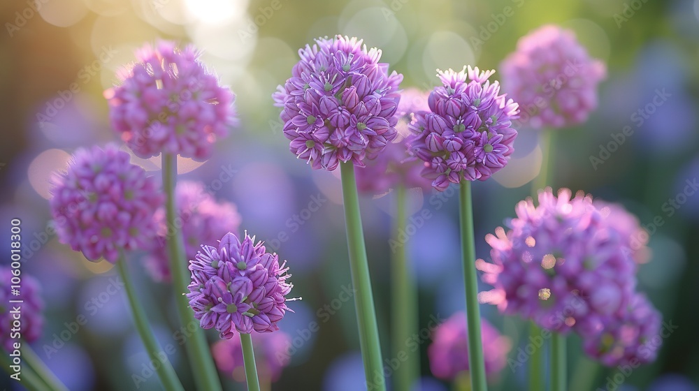 Fototapeta premium Allium flower field during summertime. Bloom of purple allium flowers. Closeup of allium flowers
